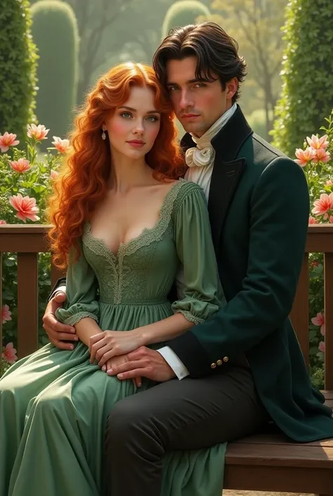 White woman with long curly orange hair and brown eyes, wearing a green dress with lace, sitting on a bench in a garden holding hands with a white man, high, handsome with black eyes and hair. Dressed in a classic way because it is the year 1824
