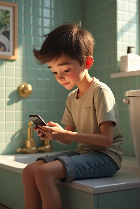 A realistic boy using phone in bathroom a real boy
 