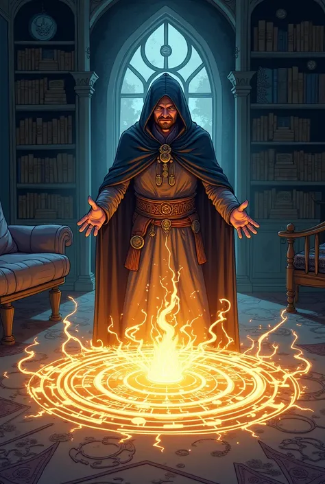 Create a lineart illustration Scenario: Gregorys Magic Circle: Illustrate Gregory casting the magic circle in Sarahs house. Show the magic circle glowing with arcane energy as Gregory casts the spell with concentration and determination. The room should be...