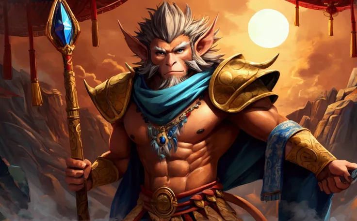 The image is a digital painting of a monkey-like warrior. He is muscular, with golden armor and a blue sash. He has a staff over his shoulder and is holding a weapon in his right hand. The background is a red and gold door.  It is likely a depiction of Sun...