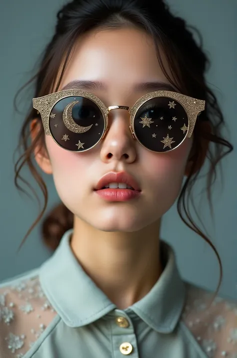 The model is wearing glass sunglasses with stars and the moon on the glass