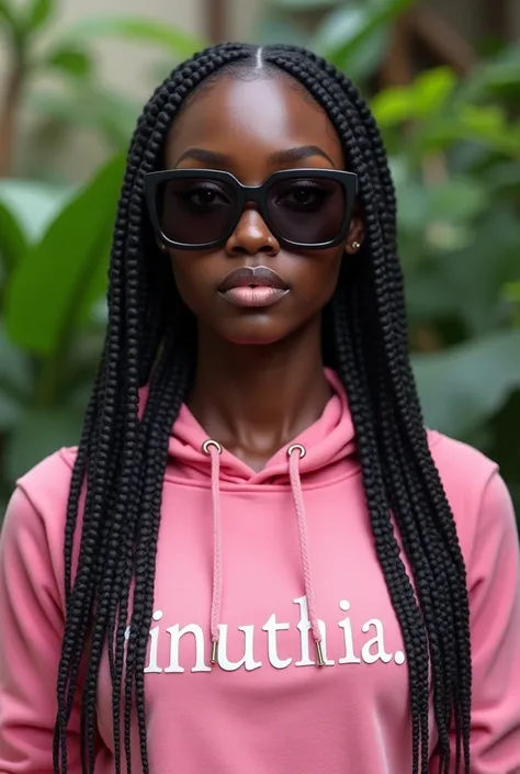 (photorealism:1.2), beautiful black African woman,22 years,sharp boobs, smiling wearing a fitting pink hoodie written "Kinuthia",long braids, black  oversized photo chromatic glasses, standing , plants in background.