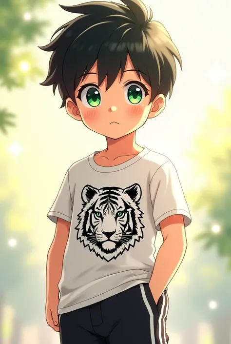 A 3-year-old anime fit boy with bright green eyes and neat black hair, a rather innocent face, black pants with white stripes, and a white t-shirt with a black tiger print. his face shining in light