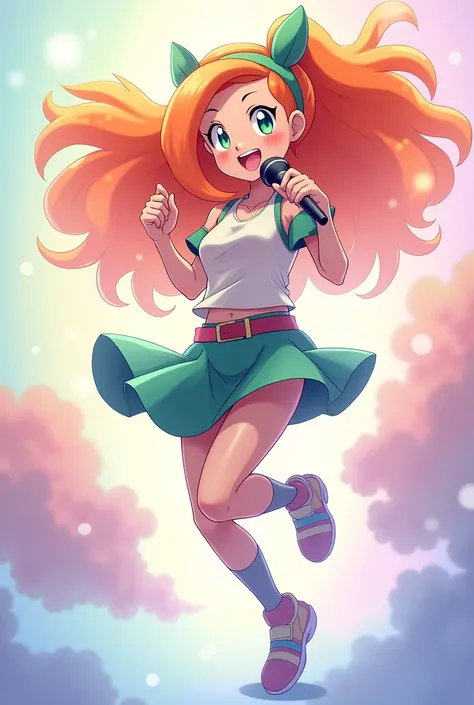 Draw Misty from Pokémon in anime version as a pop star jumping with a microphone in her hand, green eyes and a radiant smile, surrounded by a background with pastel colors. Her hair is orange in color. 