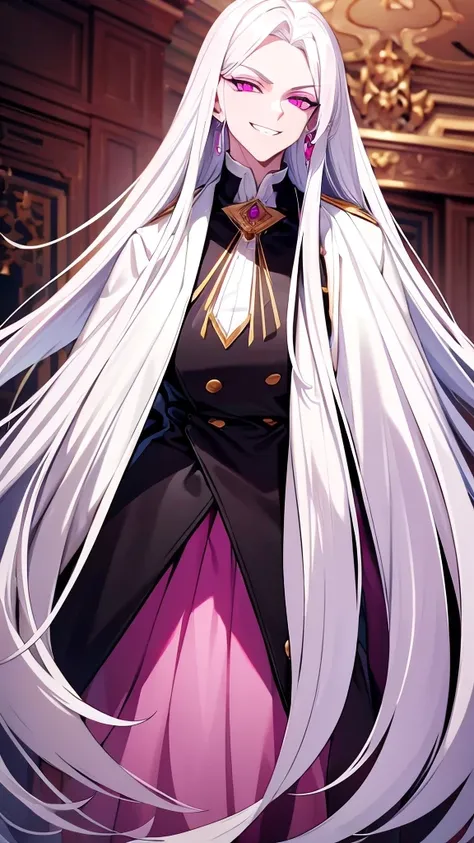 long white hair, black shirt, golden necklace, white coat, golden rimming on coat, long white hair, highres, high resolution, masterpiece, wide dark pink eyes, masterpiece, best quality, highres, 1 man, looking at camera, Creepy and scary aura, looking for...