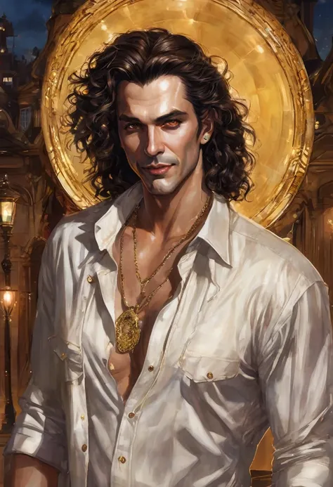 (good quality), (many details), (masterpiece), (good quality), (many details), (masterpiece), man in his early 30s, open shirt, jeans pants (cut out), trickster, wide hair in brown curls, scar on eye, golden earring on left ear, talisman,, at night between...