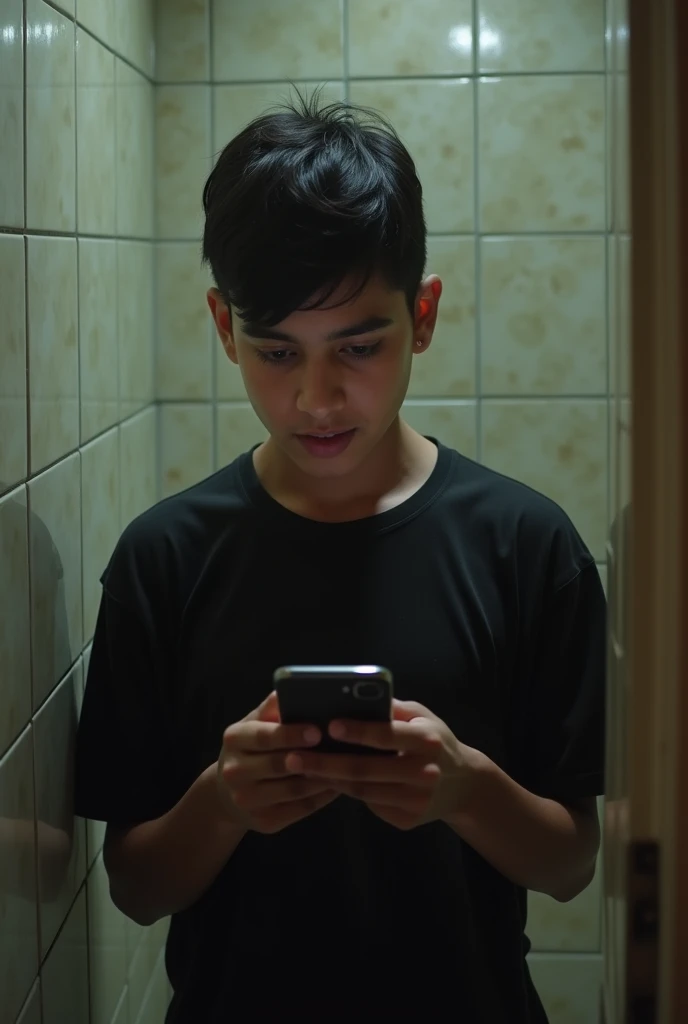 A Pakistani teenage boy using phone in bathroom a real boy with black shirt 
 