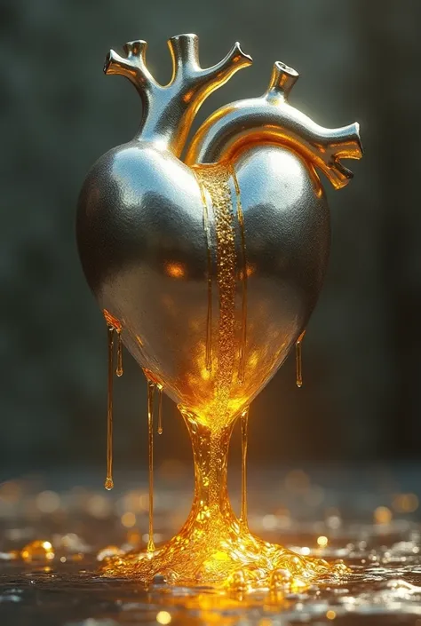 Create an image of a silver heart bleeding gold