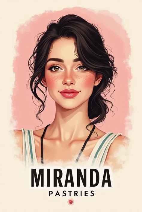 Create a company logo that says Miranda Pastries with a drawing of a white-skinned woman with dark hair and freckles on her face and that is related to pastry with pink colors.