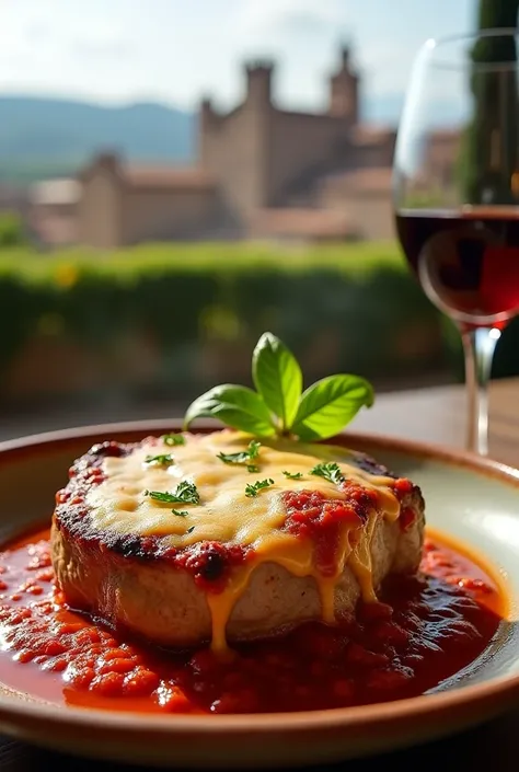 Filet mignon alla parmigiana and cheese sauce well gratinated on a bed of sugo sauce in a.ceramic dish on a table with the background of the city of Tuscany