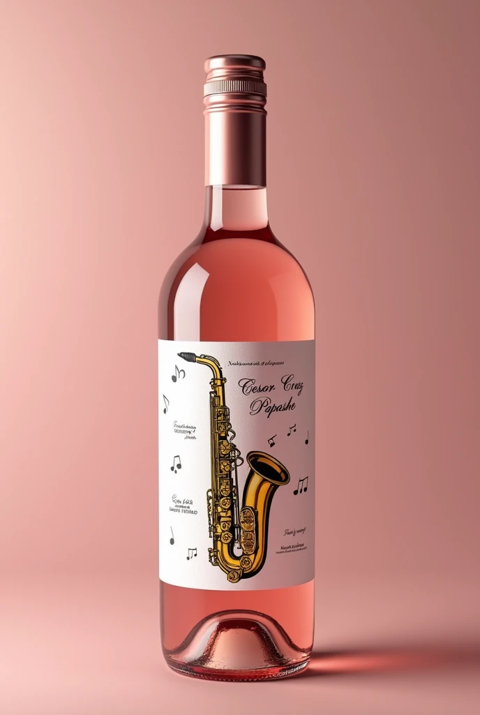 Personalized label on rose wine that says my 90th birthday CESAR CRUZ PAPASHE thank you for attending with a musical theme and a gold and white saxophone 
