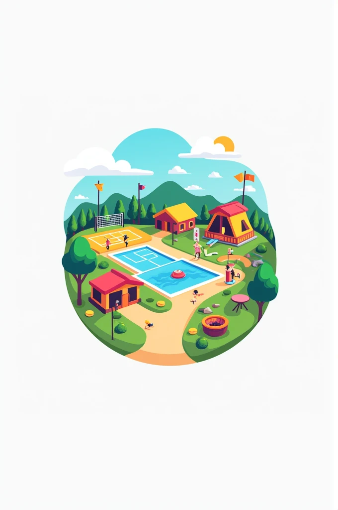 Create a logo for a leisure space company that contains a volleyball court, soccer pitch, swimpool, playground and camping area