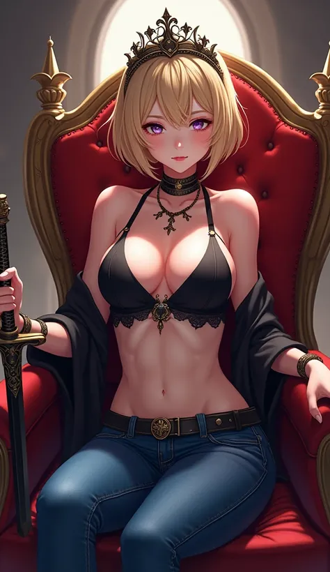 Lumine (1girl), Genshin Impact character, blue jeans, lingerie top, detailed makeup, sitting on a royal chair, wearing a crazy looking tiara, holding a sword, Middle Ages, cinematic, high-quality, highly detailed, anime style, photorealistic, 8k, vibrant c...