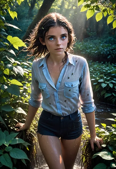 (realystic:1.4), analog photo style, depths of field, (dark-haired lightfoot halfling with blue eyes, wearing a linen shirt), (s...