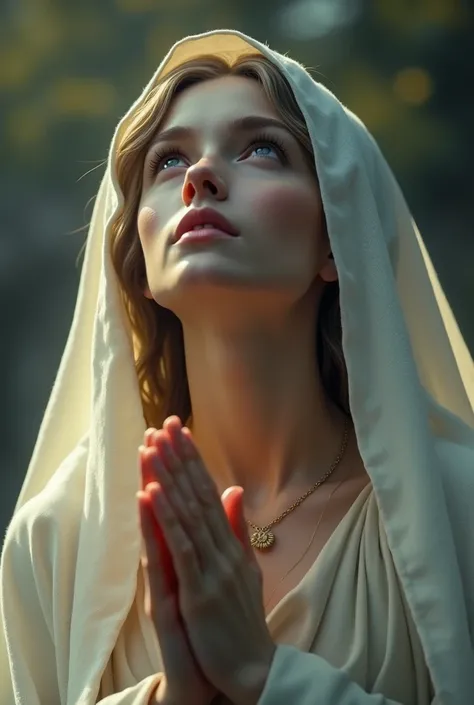 Stunning Mary of Nazareth, Jesus&#39; mother,  photo in 8k, praying, cinematic.