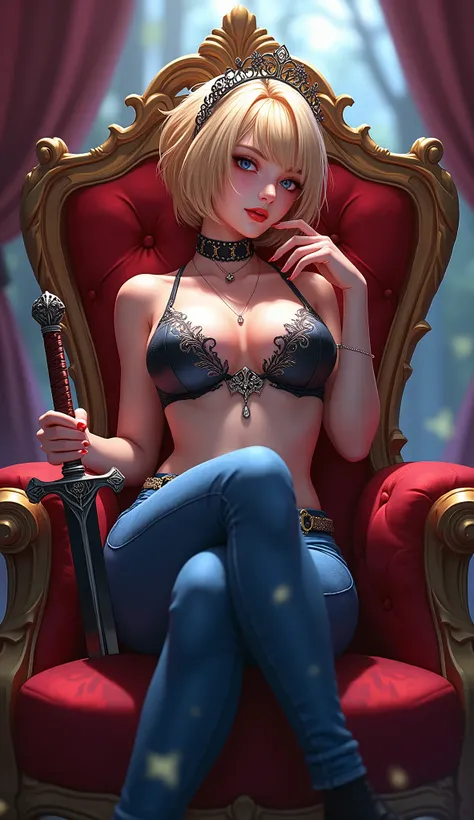 Lumine (1girl), Genshin Impact character, blue jeans, lingerie top, detailed makeup, sitting on a royal chair, wearing a crazy looking tiara, holding a sword, Middle Ages, cinematic, high-quality, highly detailed, anime style, photorealistic, 8k, vibrant c...