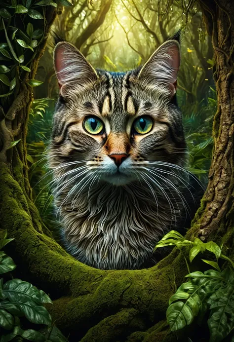 Montaraz" Un hermoso gato hecho con desechos del bosque, raíces, ramas y hojas, 3D effect ultra-detailed intricate insanely full HD resolution 4K ultra-realistic,, surrealism, rococo, expressive eyes, divine presence, mythical being, Surreal forest, spotli...