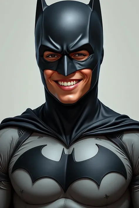 A 23 year old brown man with black hair, beautiful smile and wearing Batman costume and mask 