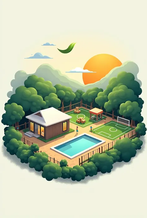 Create a logo for a leisure space company. Try to put together a modern house, camping space, swimpool, 1 volleyball court and 1 football court, 1 playground. Also place somewhere a leaf being carried by a light breeze and some sun too.