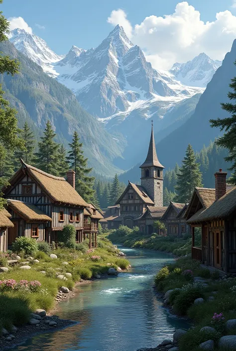 ((Photorealistic, Ultra HD, Highest Quality, best lighting, detailed)) A village located in a valley in England, it is between mountains and a small river runs through the middle of it, the huts are made of wood and stone and there is a not so big church. 