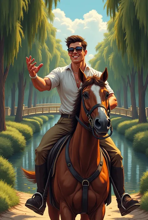 illustration wide shot a young italian man, muscled_toned_perfect_body, man, wearing short, ridding a black horse on the bridge smiling exteding his hand "come with me" hansome, modern hair cut, oval face, large brown eyes, roman nose, wearing glasses, ful...