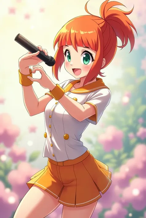 Draw Misty from Pokémon in anime version as a pop star dancing with a microphone in her hand, green eyes and a radiant smile, surrounded by a background with pastel colors. Her hair is short orange tied into a ponytail ,Her bangs are divine in three parts....