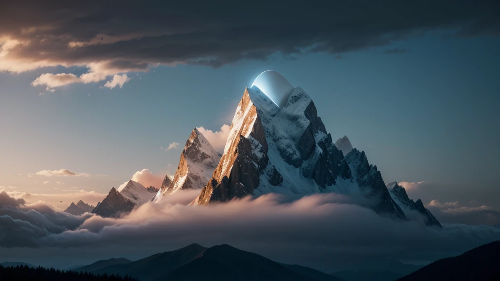 generate the image of mountains with clouds, and an illuminated entity in the background, clear images.
