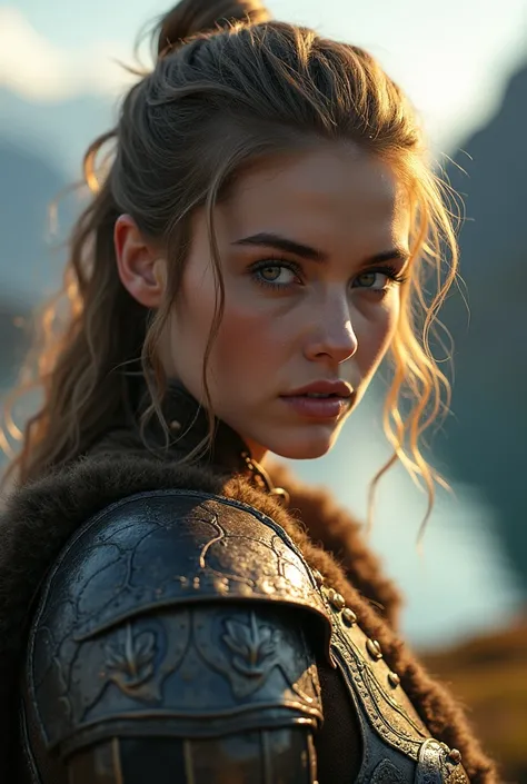 A captivating photograph of a beautiful and sensual Viking woman, dressed in intricately designed armor, set in a dramatic landscape with fjords in the background, soft golden lighting, cinematic atmosphere, alluring gaze, hyper-realistic details, art insp...