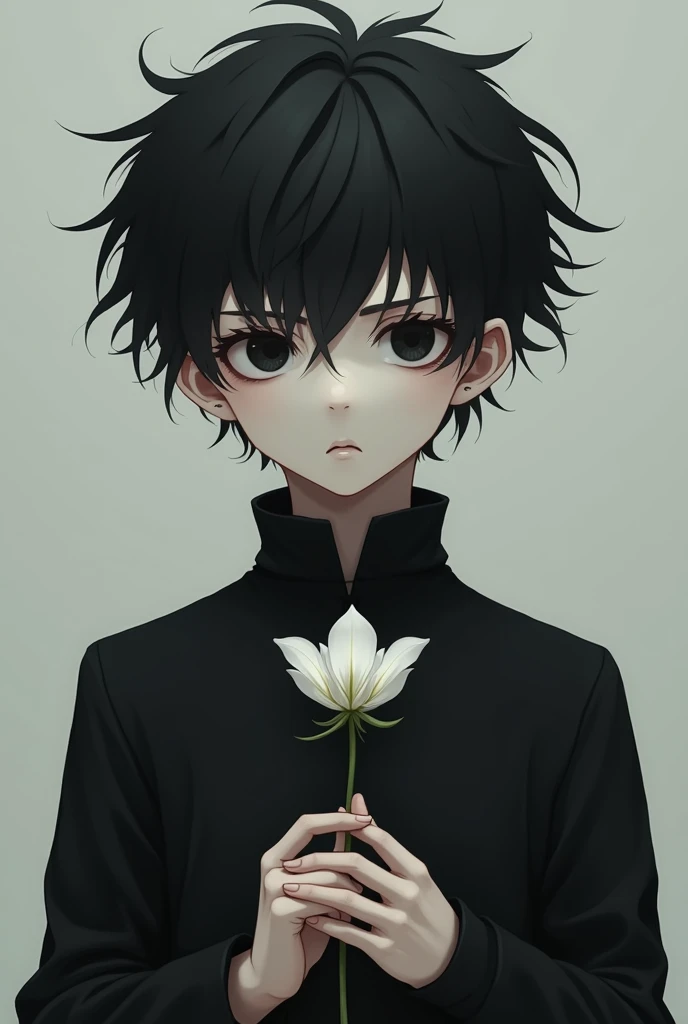 White boy with black hair and black eyes, dressed in black holding a white flower