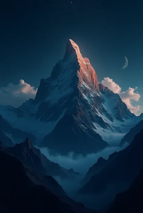 Close view of a mountain top in night sky