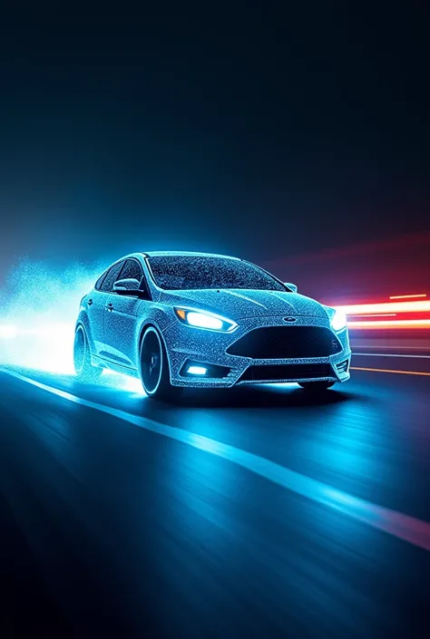 realistic Ford Focus(back to the future(movie),((glowing blue)), (blue electric glow)), at night, (beautiful red fire from the wheel track behind Ford Focus), ((shallow depth-of-field)), (bokeh), (lens flare), sharp focus,,((dynamic angle)),award winning p...