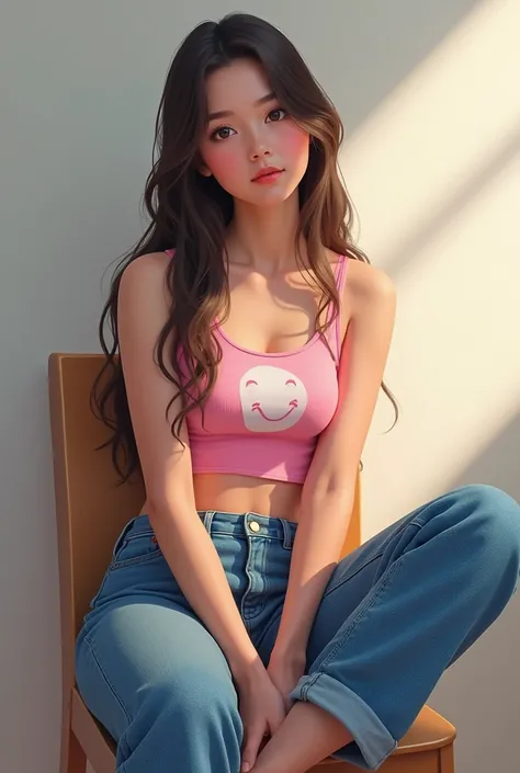 Girl With Pink Singlet and white pattern circle at the singlet and jeans pants sitting down on the chair without fold legs infront camera