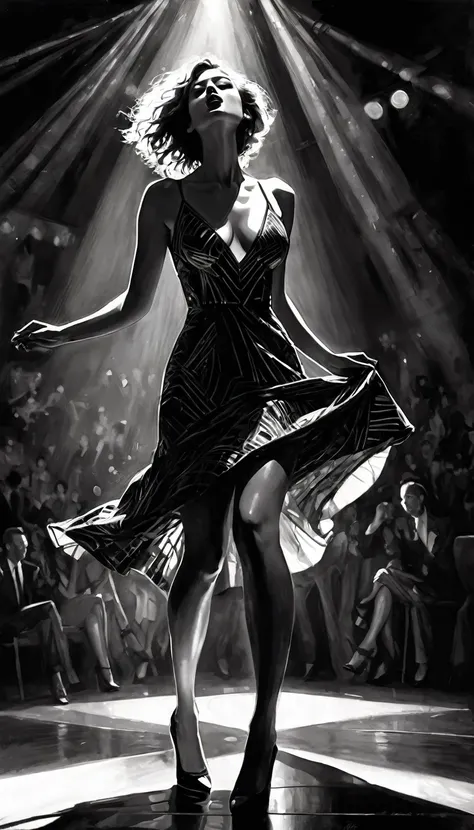 very sexy girl, tight dress, at the disco, dances, has fun, eroticism, sexy, black and white image, between shadows, oil painting, chiaroscuro, sensual, dramatic lighting, moody atmosphere, photorealistic, intricate details, masterpiece, ultra-detailed, hi...