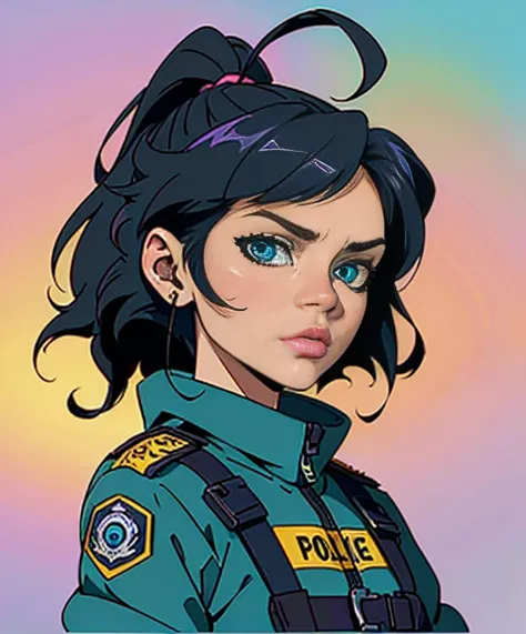 90s adult mistery anime design, (tired woman, detective outfit, dark circle eyes) , (unruly, jet black, short, slightly shaggy, cool looking, hair), simplified pallete, realistic proportion, Rich datails Painted background, old Police station background, p...