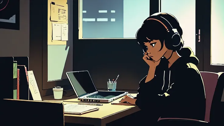  black lofi girl studying with headphones in dark room