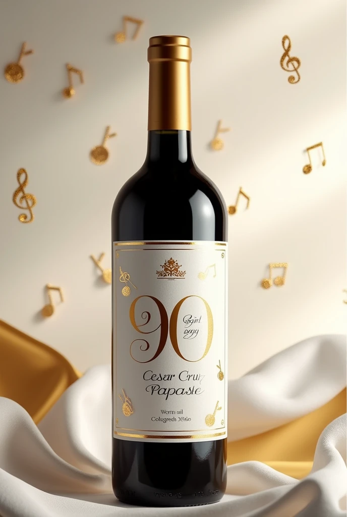 Wine label that says my 90 years CESAR CRUZ PAPASHE color blanco y dorado  tematica musical