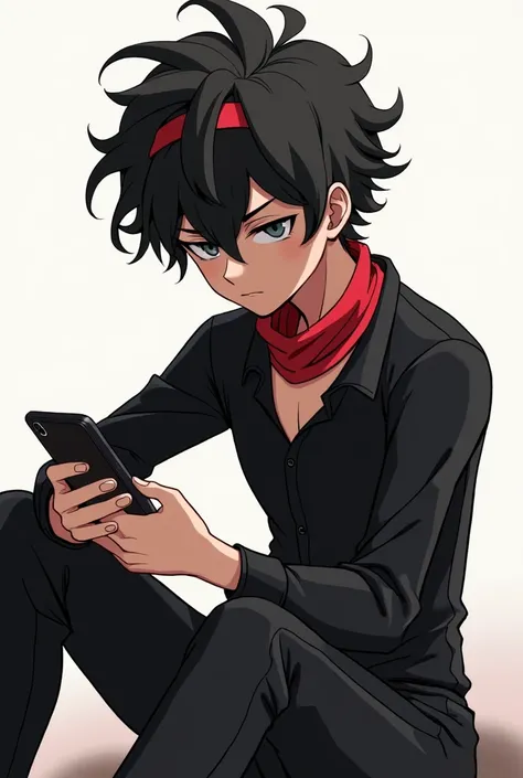 A boy with black curly hair down to his eyes, with a black jumpsuit and red headbands adorning her neck, sitting looking at the cell phone in anime form 