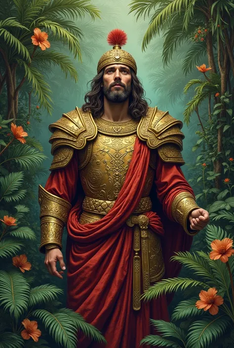 Jesus in Spanish conquistador costume with jungle-like background with plants. the image that is drawing illustration style