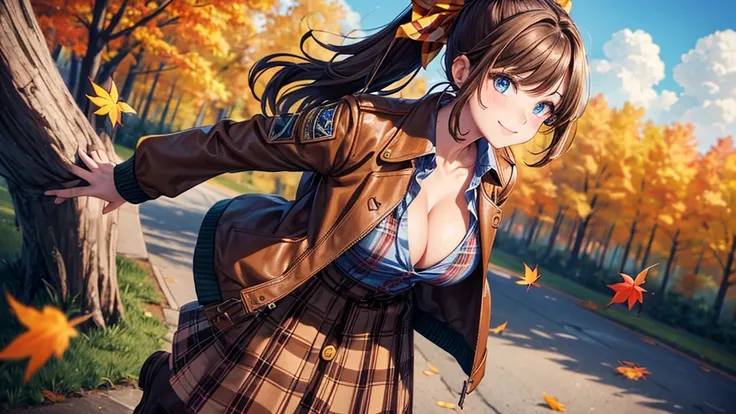 1girl, solo, trees, sun, clouds, autumn, colorful trees, falling leaves, ((brown hair)), ponytail, large breasts, ((brown leather jacket)), button down shirt, ((blue checked shirt)), ((unbuttoned shirt)), unbuttoning buttons, ((full cleavage)), blue eyes, ...