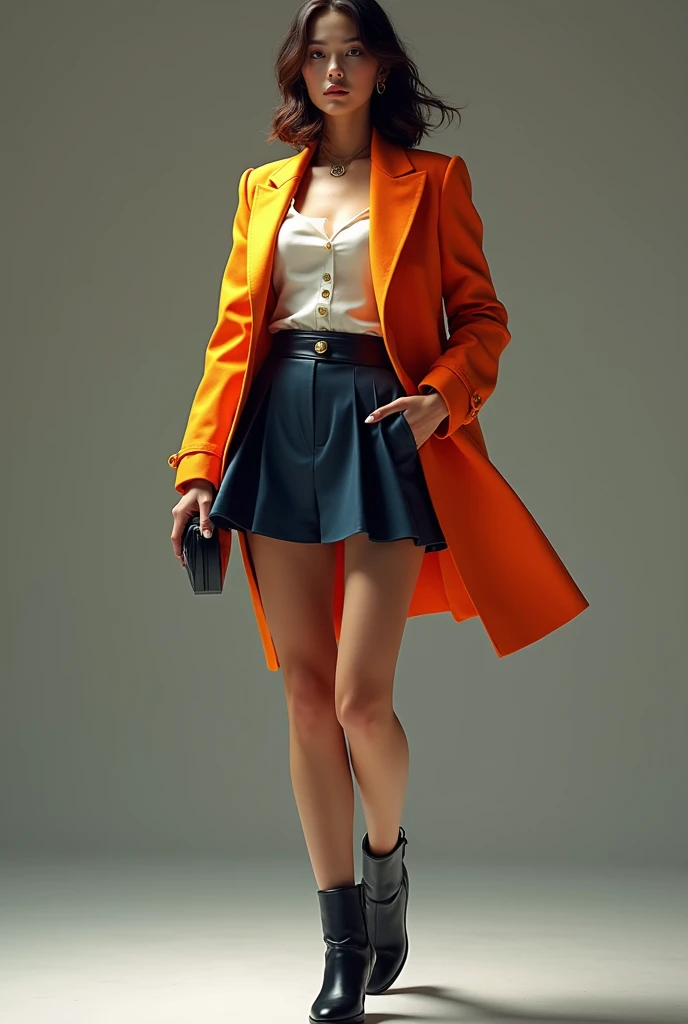 Draw me a person with a short, high-waisted flared skirt, with a tight blouse and elegant leather boots, with striking colors