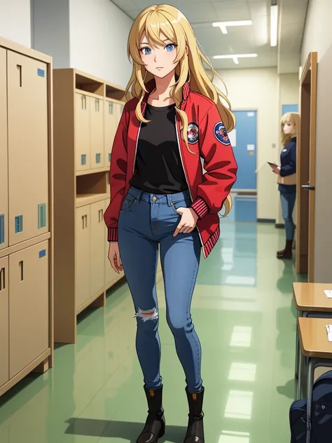 Anime style female character with blond, wavy, waist-length hair, side V bangs, and blue eyes, portraying a calm and dignified demeanor with a mature face. She is wearing skinny jeans with high boots over the jeans, and a refined top. The setting is a typi...