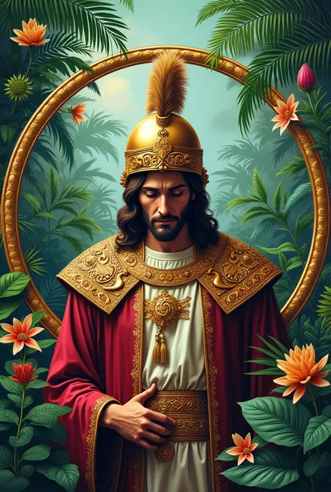 Jesus with helmet and Spanish conquistador costume, that it can be seen on a plate from the waist up, in the background like the jungle with plants. the image that is drawing illustration style