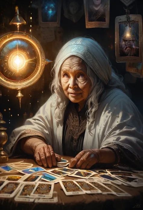 Impressionist paintings, Realistic, One old woman, fortune teller, Tarot cards on the table, View your viewers, Dark Skin, Mysterious, Magic, Shine, Shineing, dark Magic lighting, Sulky, Cinematic, Shine, Sparkling, darkness