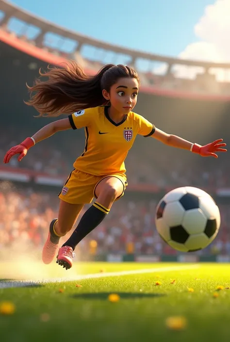 A 3D Disney Pixar-style animation image showing a female soccer goalkeeper, light brown skin, long hair making a save