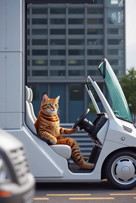 Create a photo of a Cris-colored European tiger cat driving a 2016 Hyundai Veloter vehicle in which the vehicle and the cat can be seen