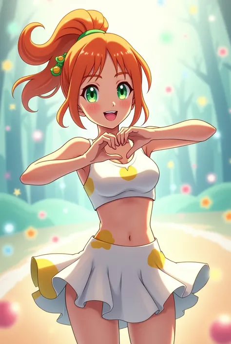 Draw Misty from Pokémon in anime version as a pop star dancing with a microphone in her hand, green eyes and a radiant smile, surrounded by a background with pastel colors. Her hair is short orange tied into a ponytail ,Her bangs are divine in three parts....