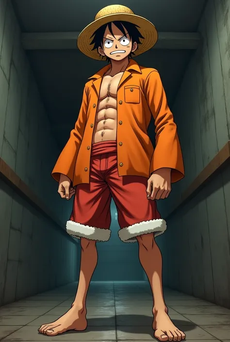 Monkey D. Luffy in orange long-sleeved prison uniform with white flannel