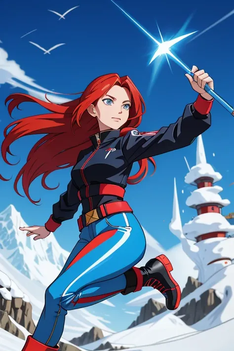 Professor Sylara Stormblade in an anime style, like a high, athletic Caucasian woman with long, bright red hair and bright blue eyes. She is in a dynamic karate kick pose.. Her outfit includes tight blue leather pants and leather boots.., that accentuate y...