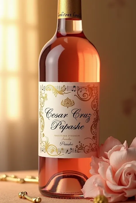 Rose wine label that says my 90 years CESAR CRUZ PAPASHE white and gold color music theme