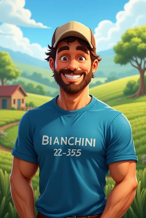 A happy farmer wearing a blue t-shirt with the word Bianchini 22555